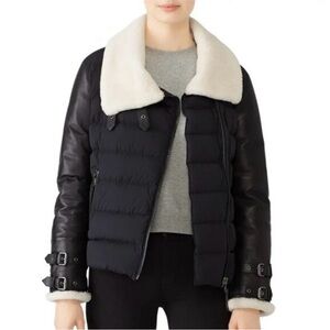 Mackage Navy Puffer Jacket with Cream Shearling Collar and Leather Sleeves